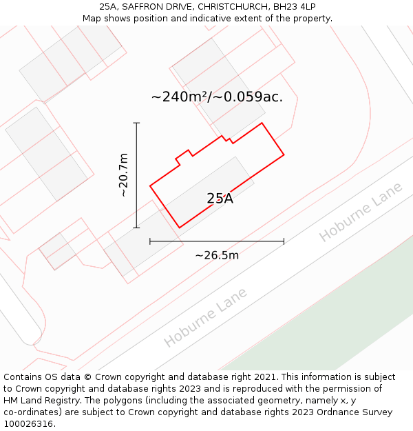 25A, SAFFRON DRIVE, CHRISTCHURCH, BH23 4LP: Plot and title map