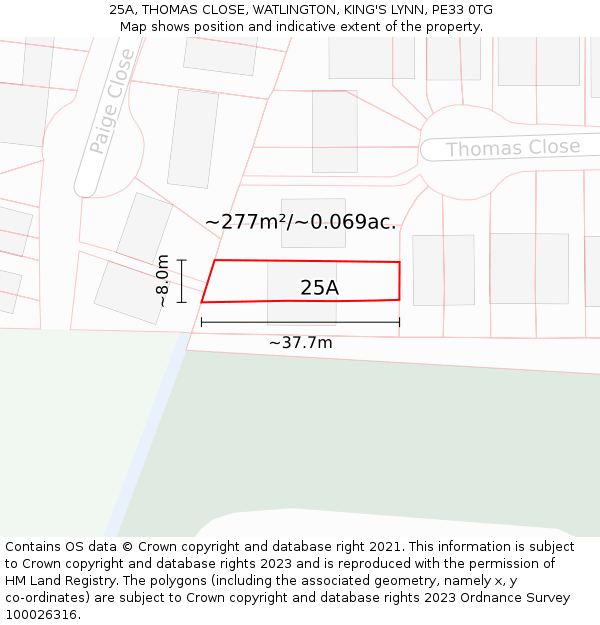 25A, THOMAS CLOSE, WATLINGTON, KING'S LYNN, PE33 0TG: Plot and title map