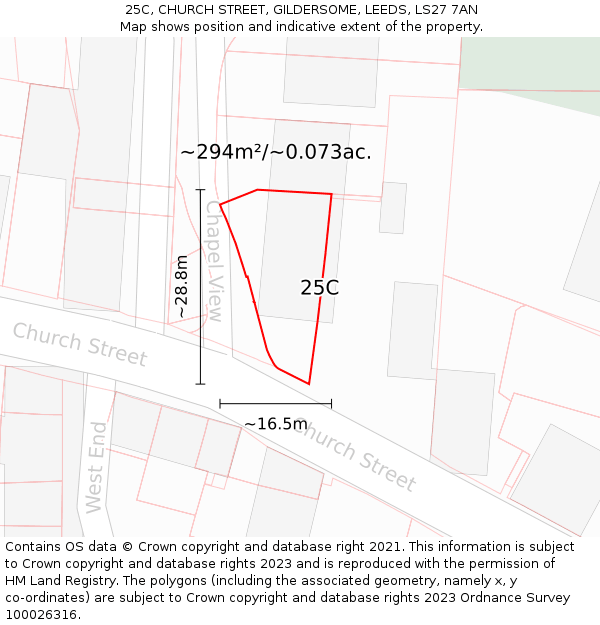 25C, CHURCH STREET, GILDERSOME, LEEDS, LS27 7AN: Plot and title map