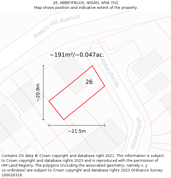 26, ABBEYFIELDS, WIGAN, WN6 7NZ: Plot and title map