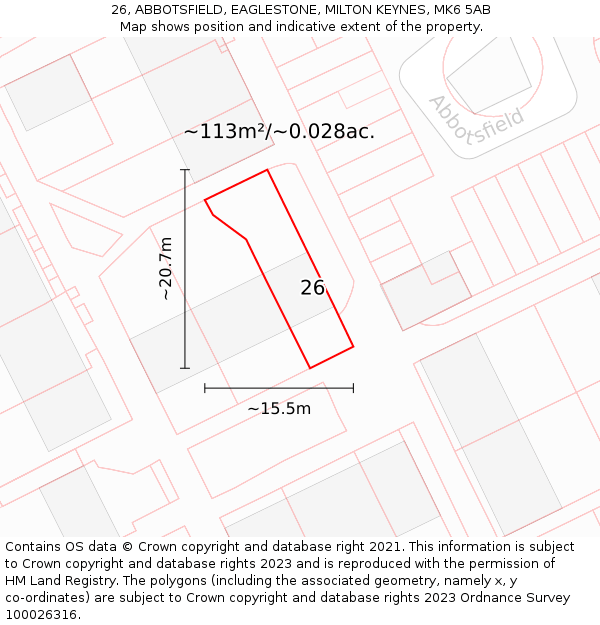 26, ABBOTSFIELD, EAGLESTONE, MILTON KEYNES, MK6 5AB: Plot and title map