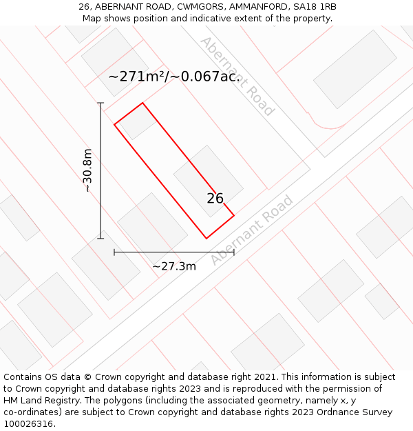 26, ABERNANT ROAD, CWMGORS, AMMANFORD, SA18 1RB: Plot and title map