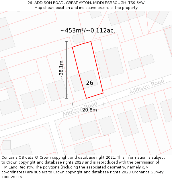26, ADDISON ROAD, GREAT AYTON, MIDDLESBROUGH, TS9 6AW: Plot and title map