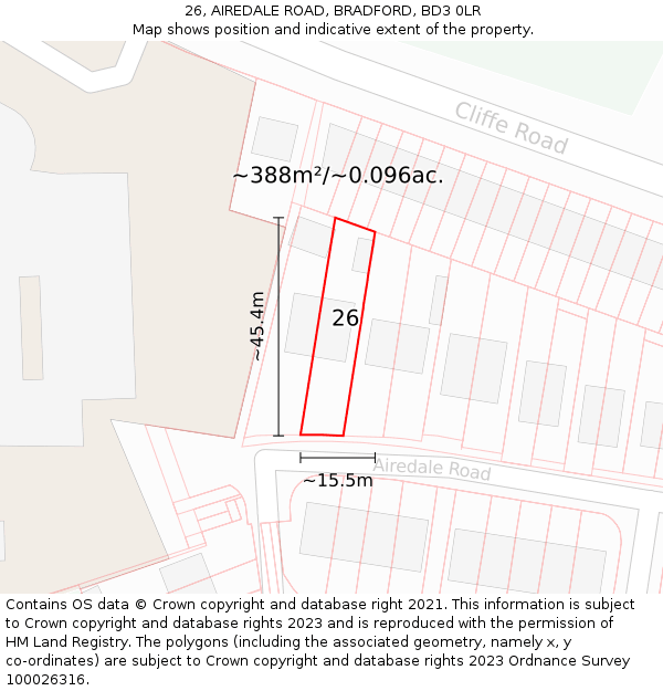 26, AIREDALE ROAD, BRADFORD, BD3 0LR: Plot and title map