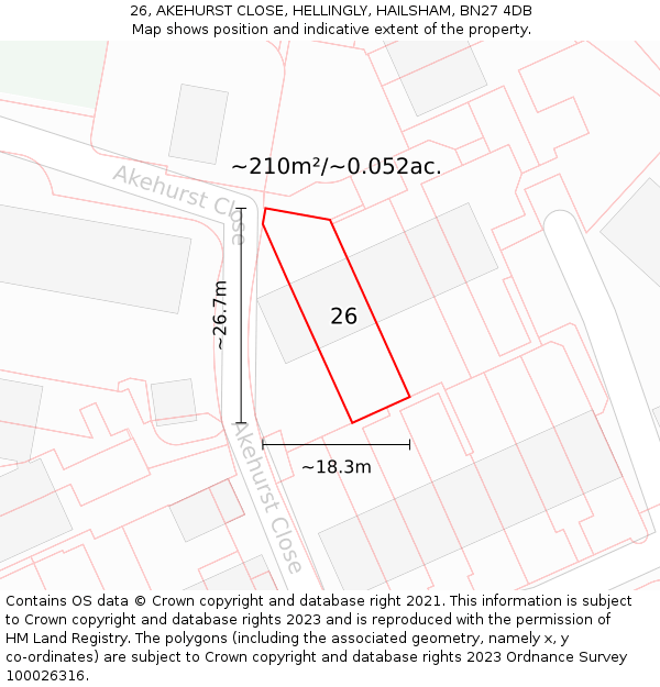 26, AKEHURST CLOSE, HELLINGLY, HAILSHAM, BN27 4DB: Plot and title map