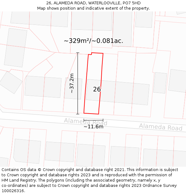 26, ALAMEDA ROAD, WATERLOOVILLE, PO7 5HD: Plot and title map