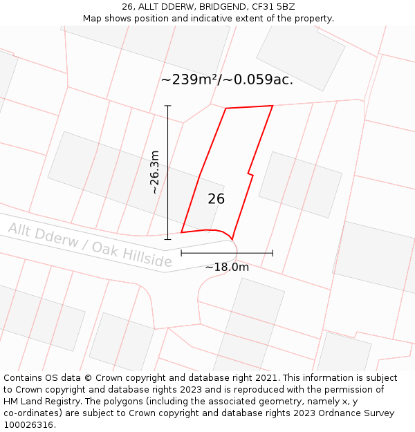 26, ALLT DDERW, BRIDGEND, CF31 5BZ: Plot and title map