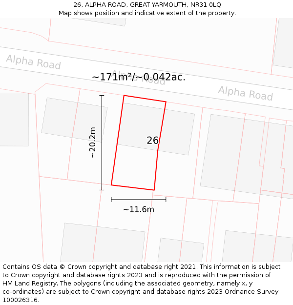 26, ALPHA ROAD, GREAT YARMOUTH, NR31 0LQ: Plot and title map