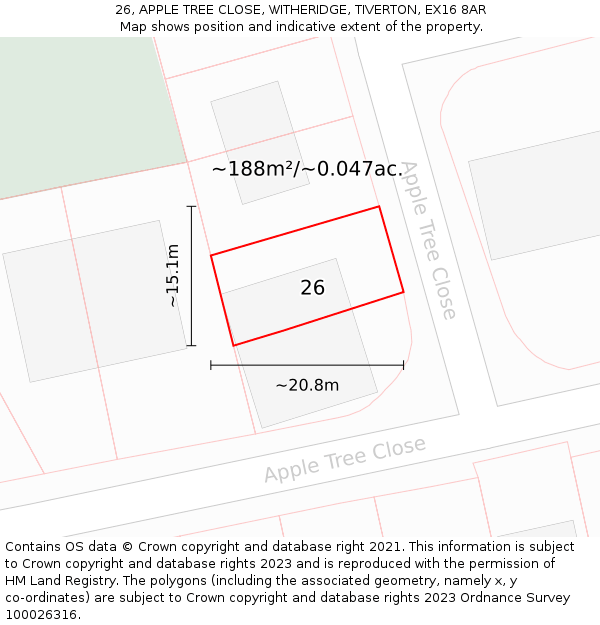26, APPLE TREE CLOSE, WITHERIDGE, TIVERTON, EX16 8AR: Plot and title map