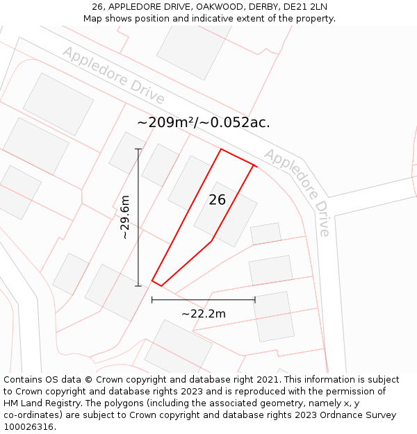 26, APPLEDORE DRIVE, OAKWOOD, DERBY, DE21 2LN: Plot and title map
