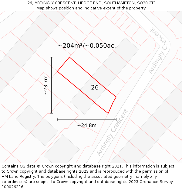 26, ARDINGLY CRESCENT, HEDGE END, SOUTHAMPTON, SO30 2TF: Plot and title map