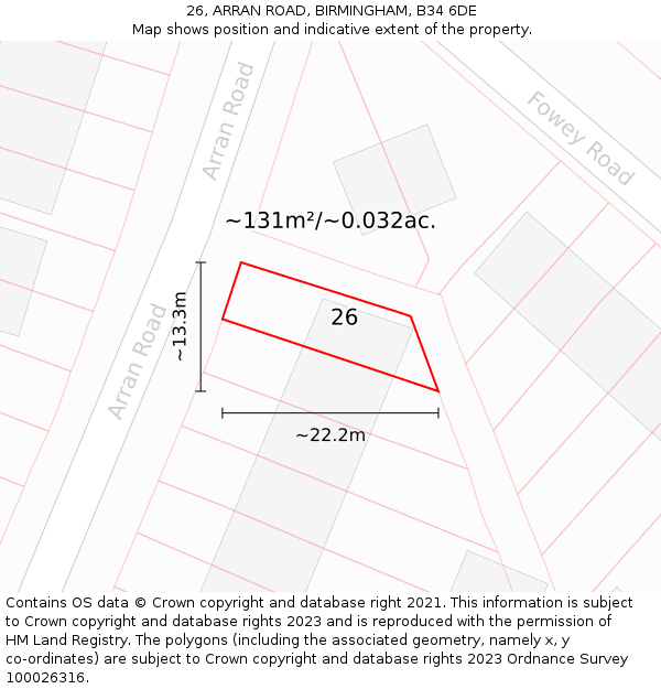 26, ARRAN ROAD, BIRMINGHAM, B34 6DE: Plot and title map