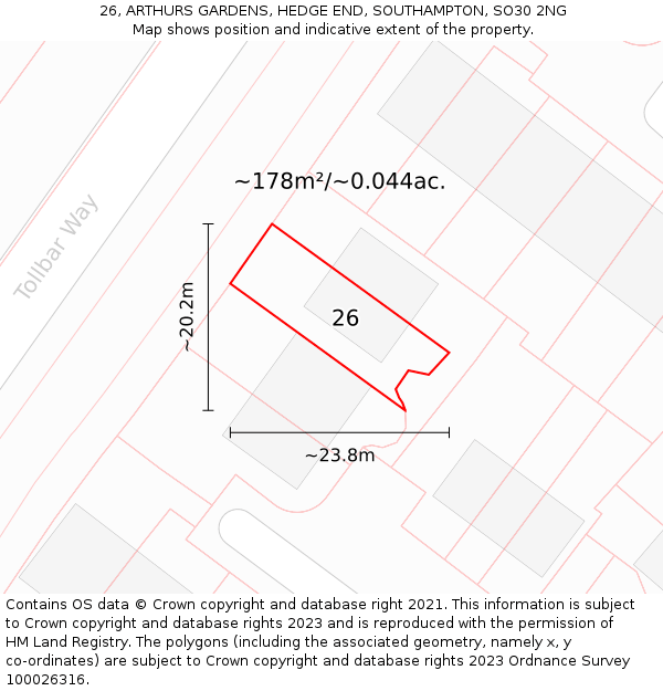 26, ARTHURS GARDENS, HEDGE END, SOUTHAMPTON, SO30 2NG: Plot and title map