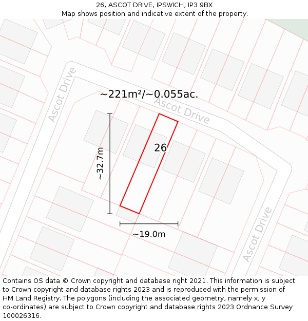 26, ASCOT DRIVE, IPSWICH, IP3 9BX: Plot and title map