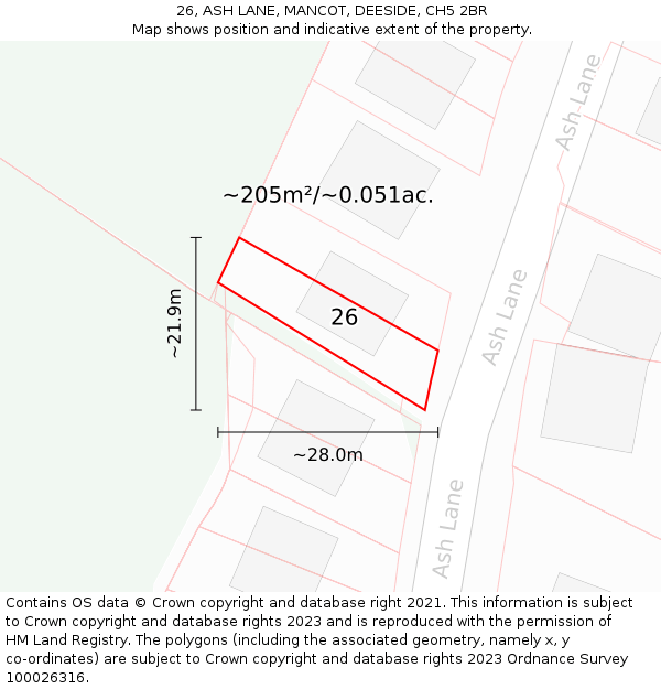 26, ASH LANE, MANCOT, DEESIDE, CH5 2BR: Plot and title map