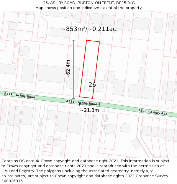 26, ASHBY ROAD, BURTON-ON-TRENT, DE15 0LG: Plot and title map