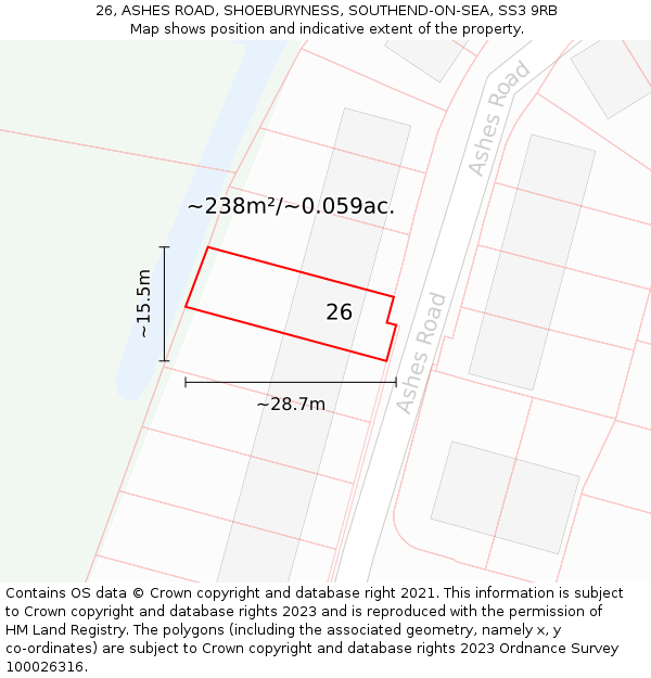 26, ASHES ROAD, SHOEBURYNESS, SOUTHEND-ON-SEA, SS3 9RB: Plot and title map