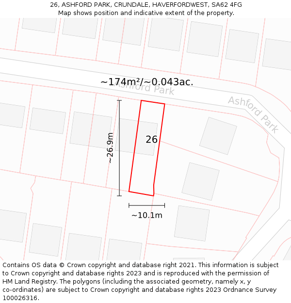 26, ASHFORD PARK, CRUNDALE, HAVERFORDWEST, SA62 4FG: Plot and title map