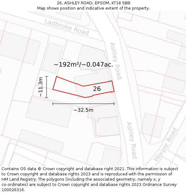 26, ASHLEY ROAD, EPSOM, KT18 5BB: Plot and title map