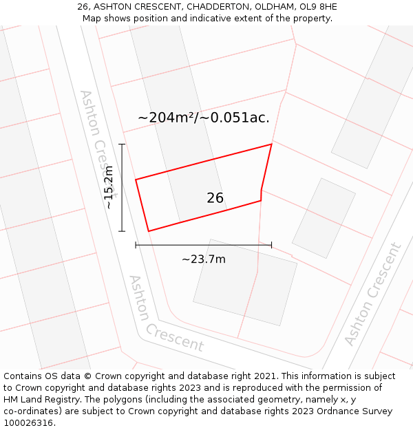 26, ASHTON CRESCENT, CHADDERTON, OLDHAM, OL9 8HE: Plot and title map