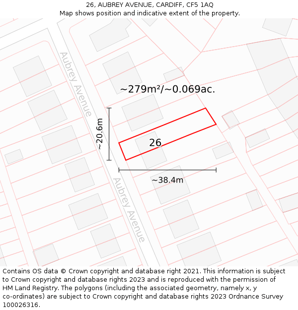 26, AUBREY AVENUE, CARDIFF, CF5 1AQ: Plot and title map