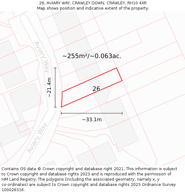 26, AVIARY WAY, CRAWLEY DOWN, CRAWLEY, RH10 4XR: Plot and title map