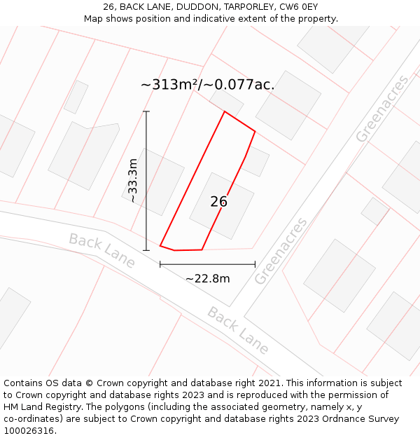 26, BACK LANE, DUDDON, TARPORLEY, CW6 0EY: Plot and title map