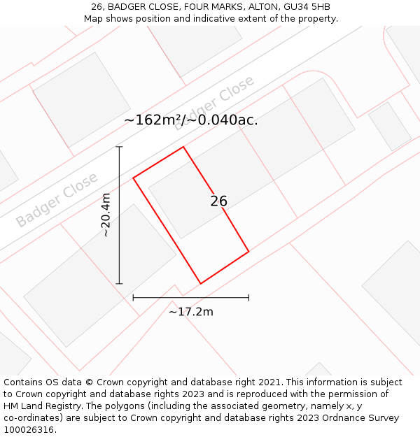 26, BADGER CLOSE, FOUR MARKS, ALTON, GU34 5HB: Plot and title map