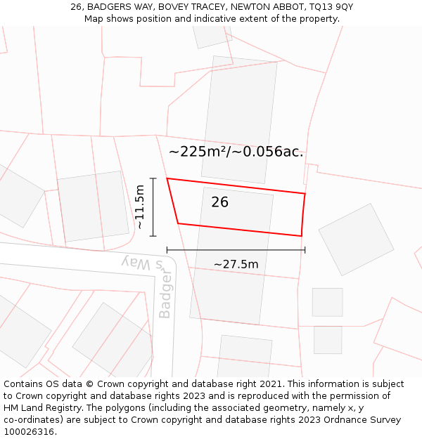 26, BADGERS WAY, BOVEY TRACEY, NEWTON ABBOT, TQ13 9QY: Plot and title map