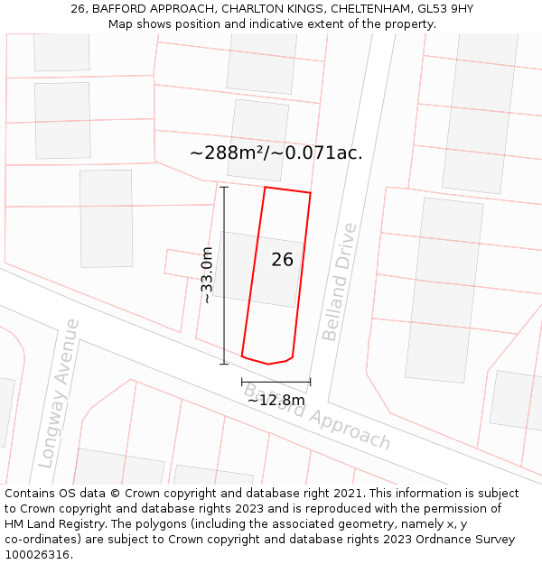 26, BAFFORD APPROACH, CHARLTON KINGS, CHELTENHAM, GL53 9HY: Plot and title map