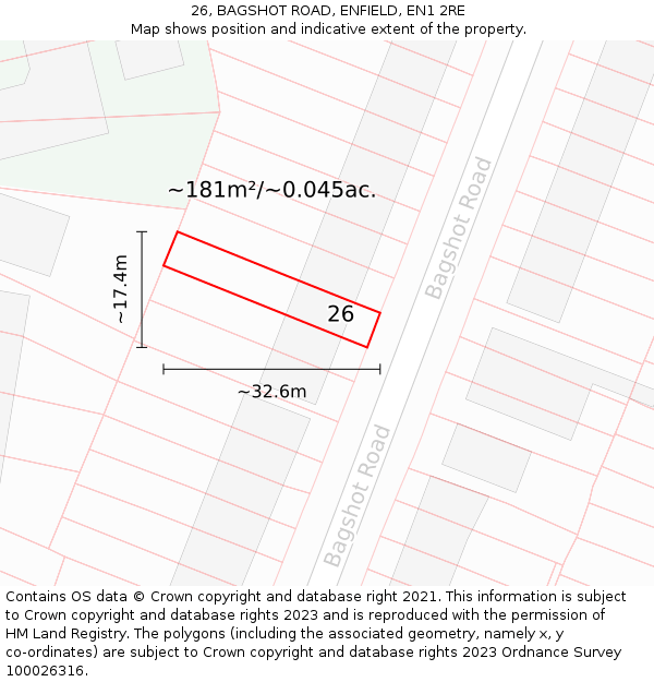 26, BAGSHOT ROAD, ENFIELD, EN1 2RE: Plot and title map
