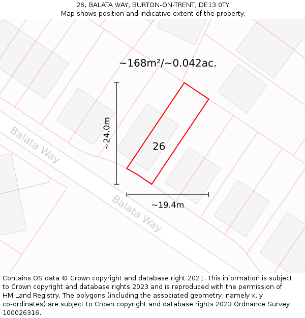 26, BALATA WAY, BURTON-ON-TRENT, DE13 0TY: Plot and title map