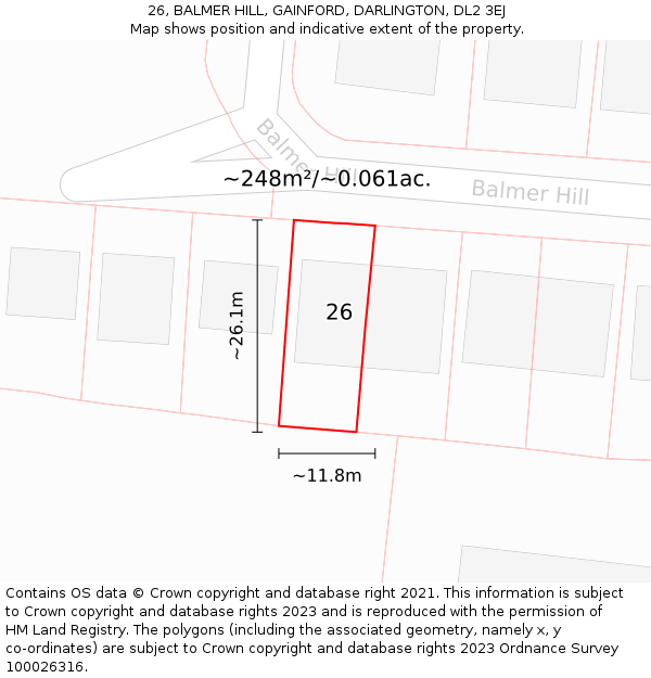 26, BALMER HILL, GAINFORD, DARLINGTON, DL2 3EJ: Plot and title map