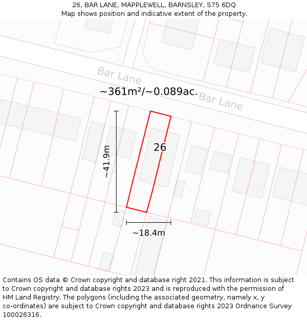 26, BAR LANE, MAPPLEWELL, BARNSLEY, S75 6DQ: Plot and title map