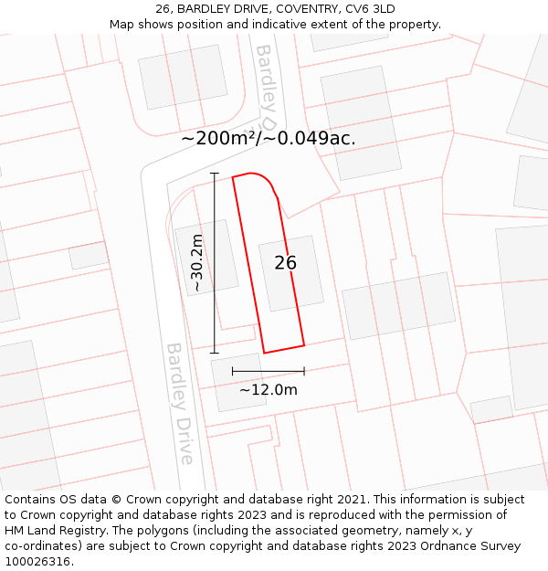26, BARDLEY DRIVE, COVENTRY, CV6 3LD: Plot and title map