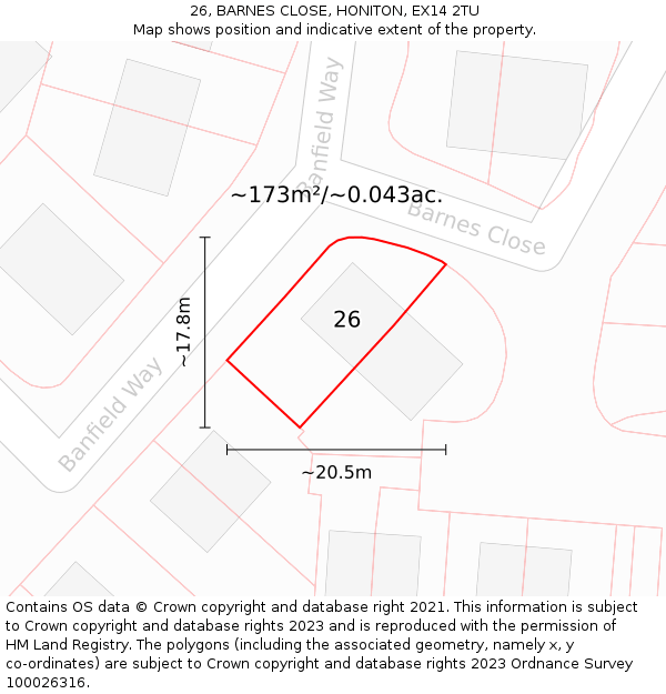 26, BARNES CLOSE, HONITON, EX14 2TU: Plot and title map