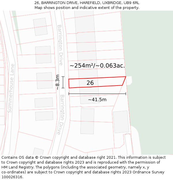 26, BARRINGTON DRIVE, HAREFIELD, UXBRIDGE, UB9 6RL: Plot and title map