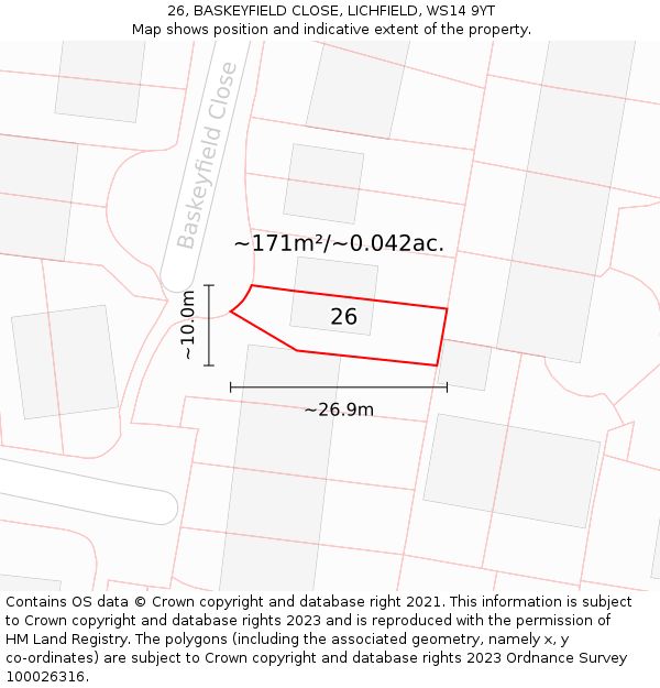 26, BASKEYFIELD CLOSE, LICHFIELD, WS14 9YT: Plot and title map