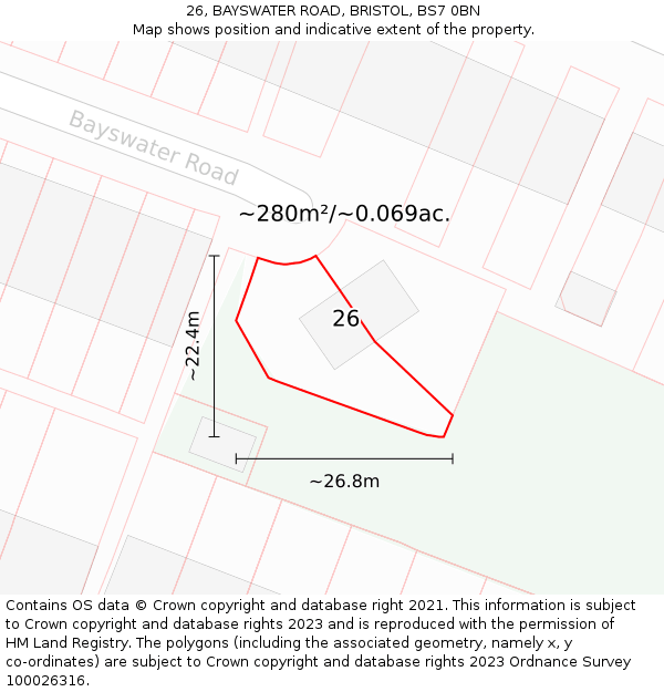 26, BAYSWATER ROAD, BRISTOL, BS7 0BN: Plot and title map