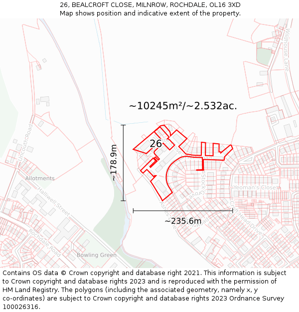 26, BEALCROFT CLOSE, MILNROW, ROCHDALE, OL16 3XD: Plot and title map