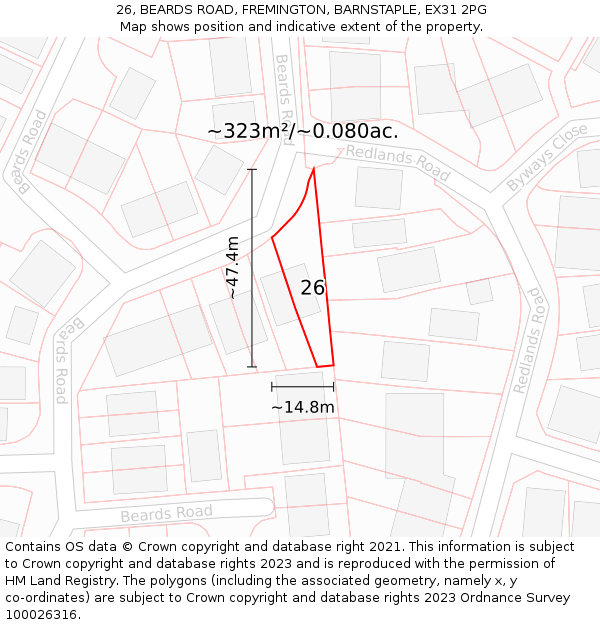 26, BEARDS ROAD, FREMINGTON, BARNSTAPLE, EX31 2PG: Plot and title map