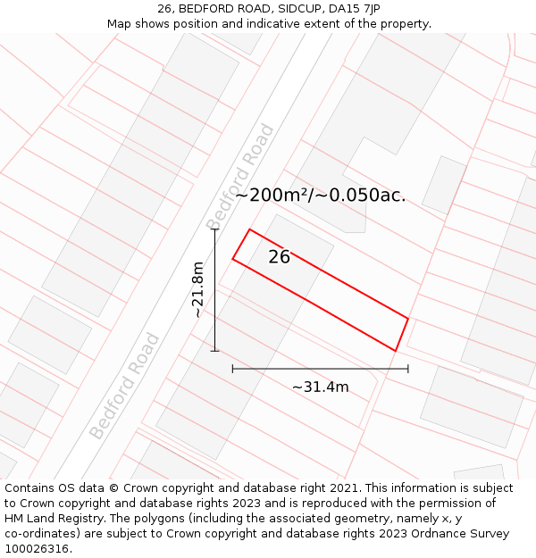 26, BEDFORD ROAD, SIDCUP, DA15 7JP: Plot and title map