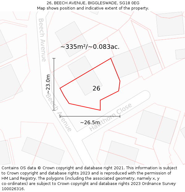 26, BEECH AVENUE, BIGGLESWADE, SG18 0EG: Plot and title map