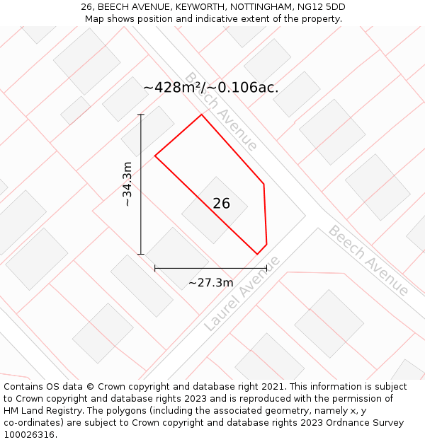 26, BEECH AVENUE, KEYWORTH, NOTTINGHAM, NG12 5DD: Plot and title map