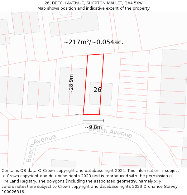 26, BEECH AVENUE, SHEPTON MALLET, BA4 5XW: Plot and title map