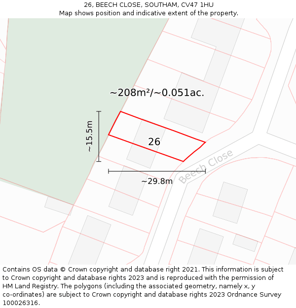 26, BEECH CLOSE, SOUTHAM, CV47 1HU: Plot and title map
