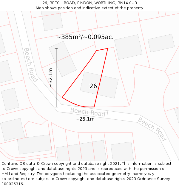 26, BEECH ROAD, FINDON, WORTHING, BN14 0UR: Plot and title map