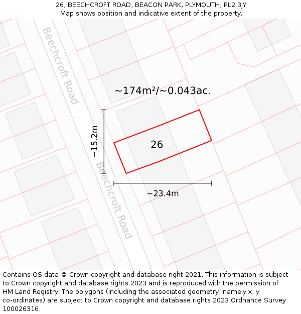 26, BEECHCROFT ROAD, BEACON PARK, PLYMOUTH, PL2 3JY: Plot and title map