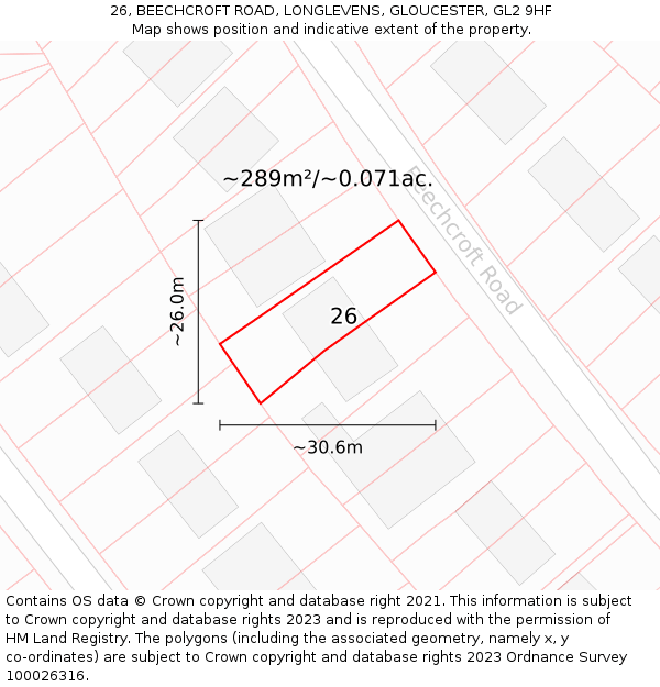 26, BEECHCROFT ROAD, LONGLEVENS, GLOUCESTER, GL2 9HF: Plot and title map