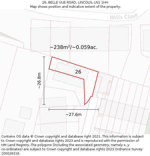 26, BELLE VUE ROAD, LINCOLN, LN1 1HH: Plot and title map